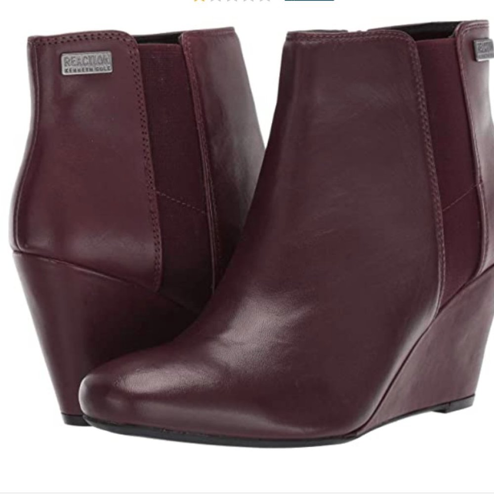 Kenneth Cole Reaction "Marcy" Leather Wedge Burgundy Elastic Sides Booties